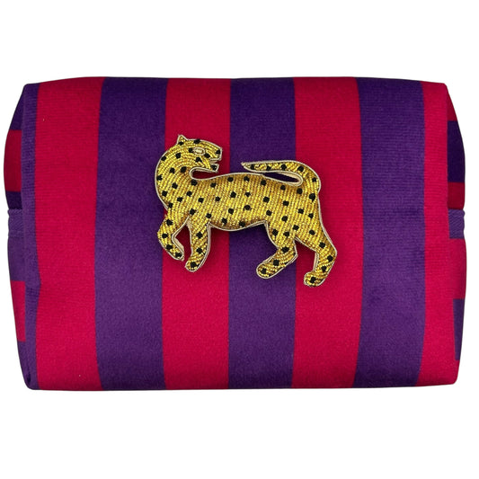 Large purple stripe makeup bag with Leopard brooch