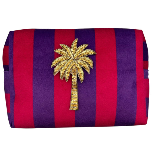 Large purple stripe makeup bag with Palm Tree brooch