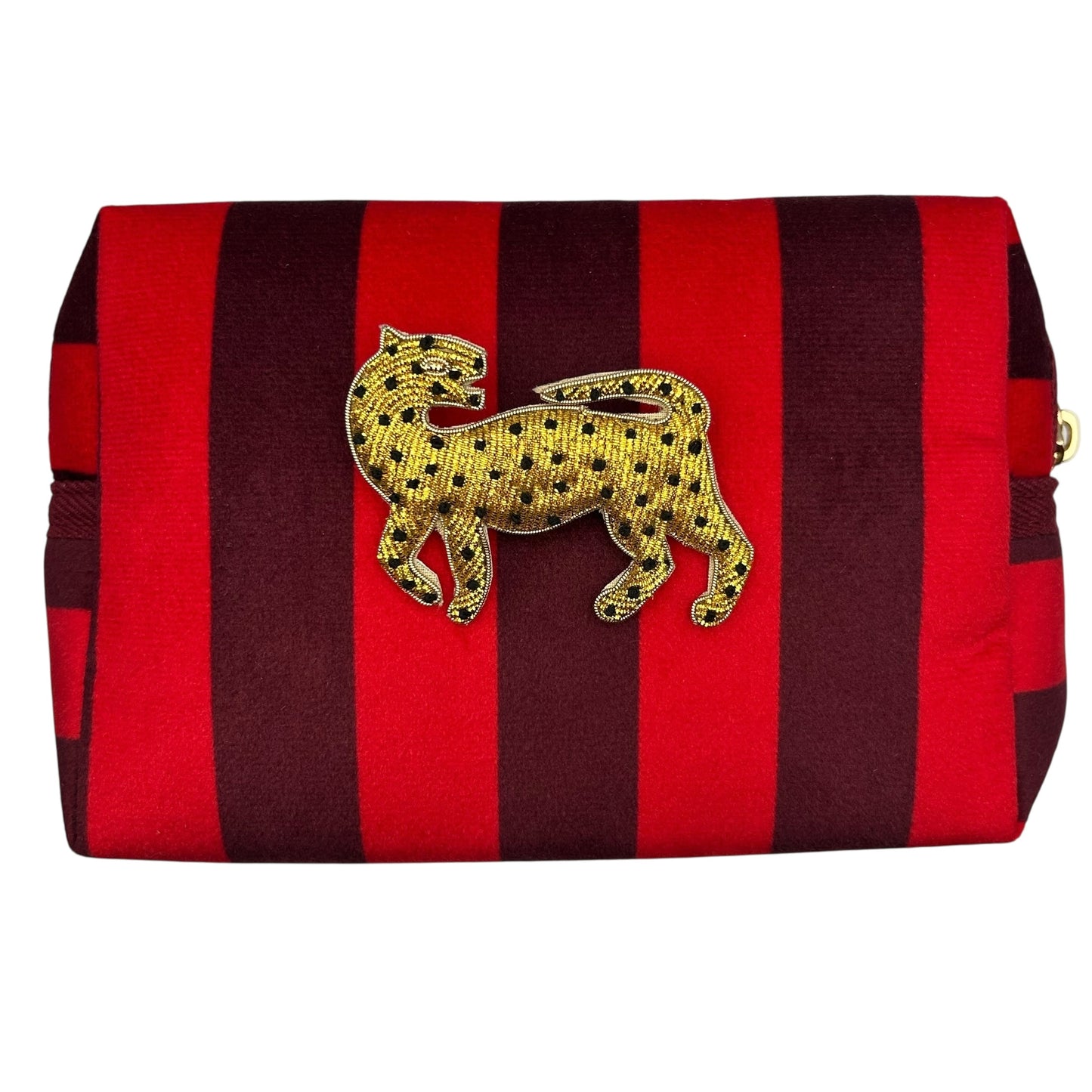 Large red stripe makeup bag with Leopard brooch