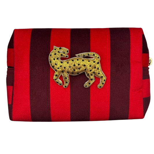 Large red stripe makeup bag with Leopard brooch