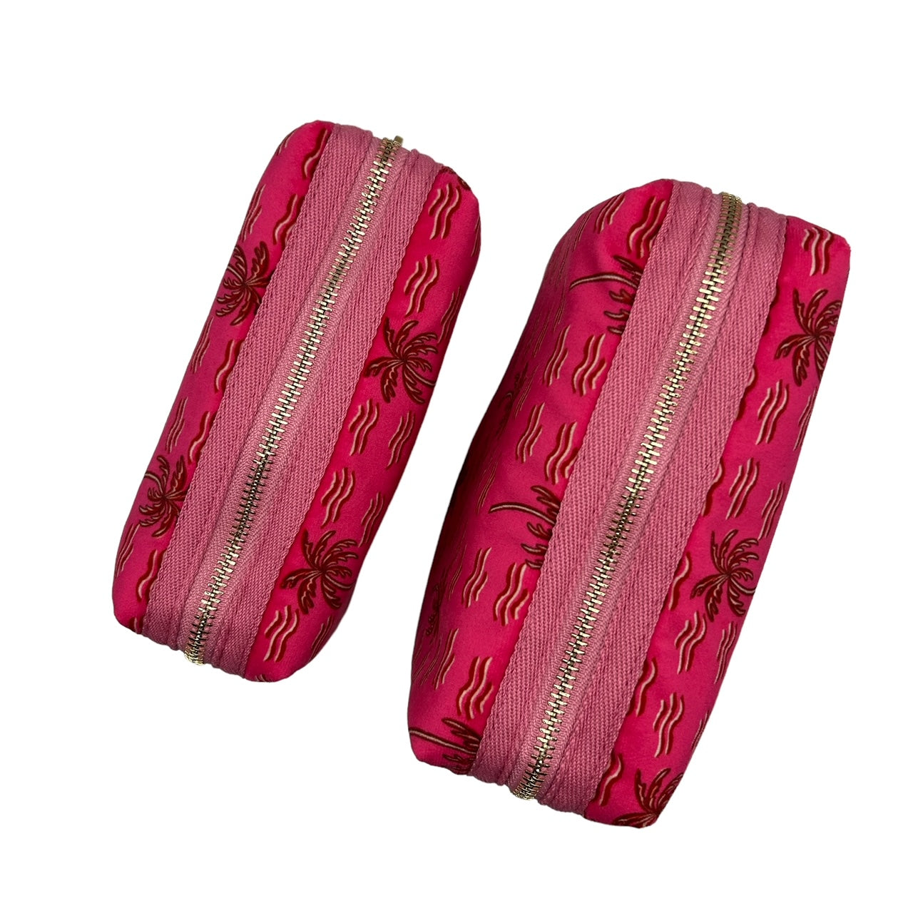 Pink palm large make-up bag & tiger brooch - recycled velvet, large and small