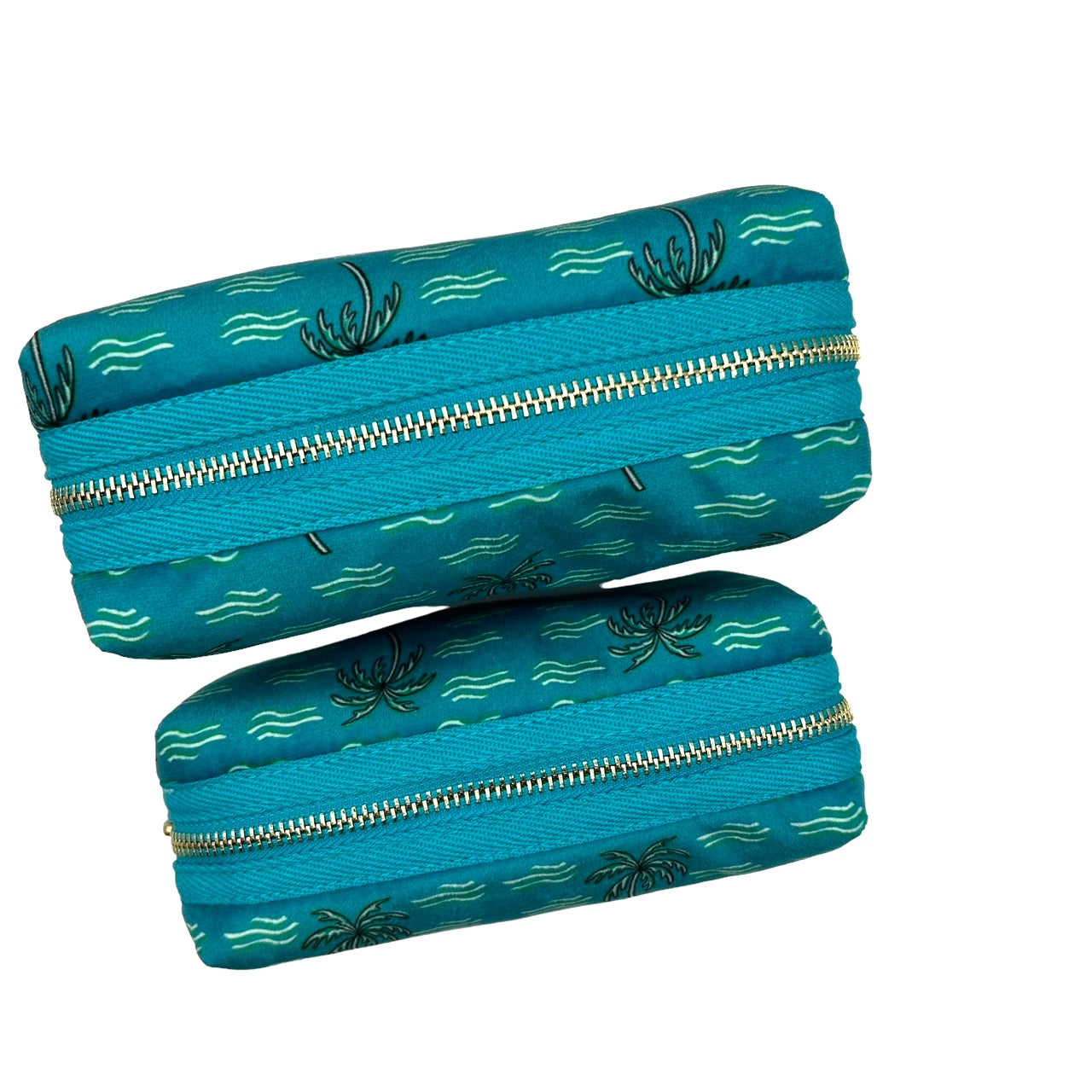 Teal palm large make-up bag & tiger brooch - recycled velvet, large and small