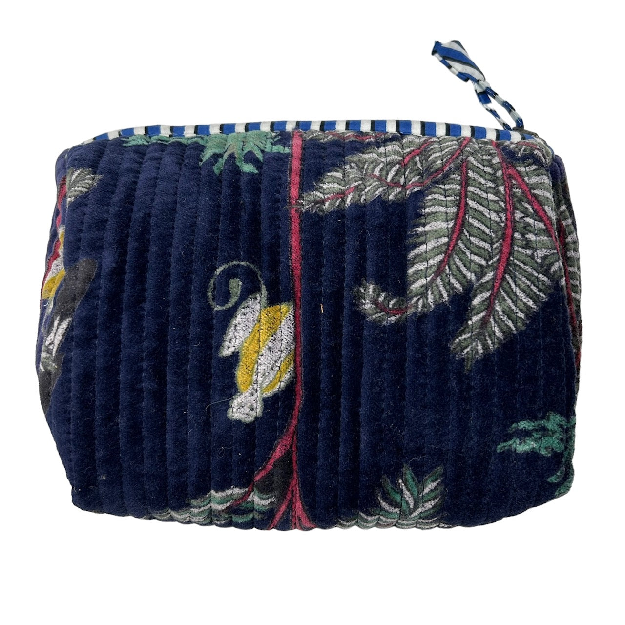 Madagascar velvet make-up bag in blue with embroidered brooch, large and small