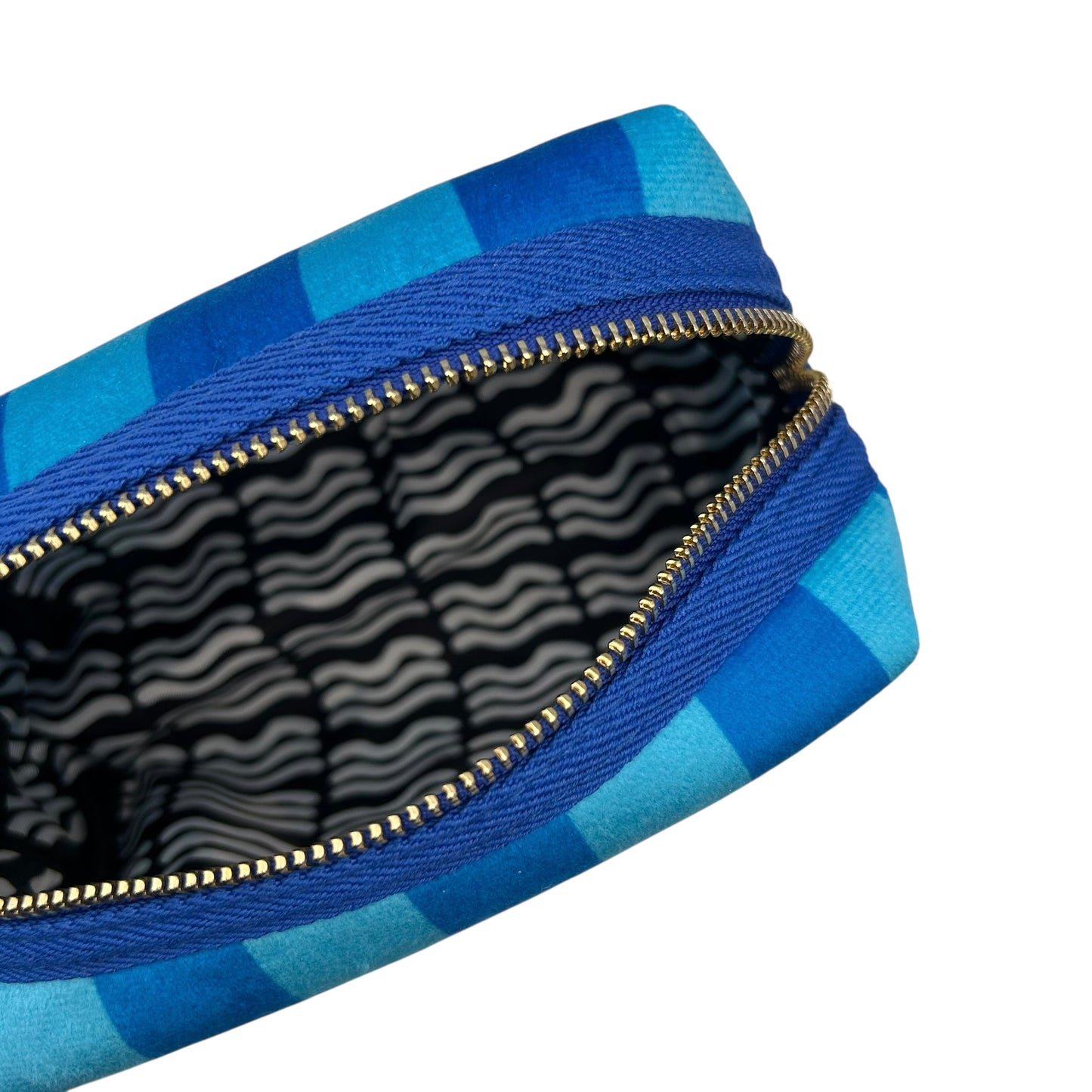 Large blue stripe makeup bag with Palm Tree brooch
