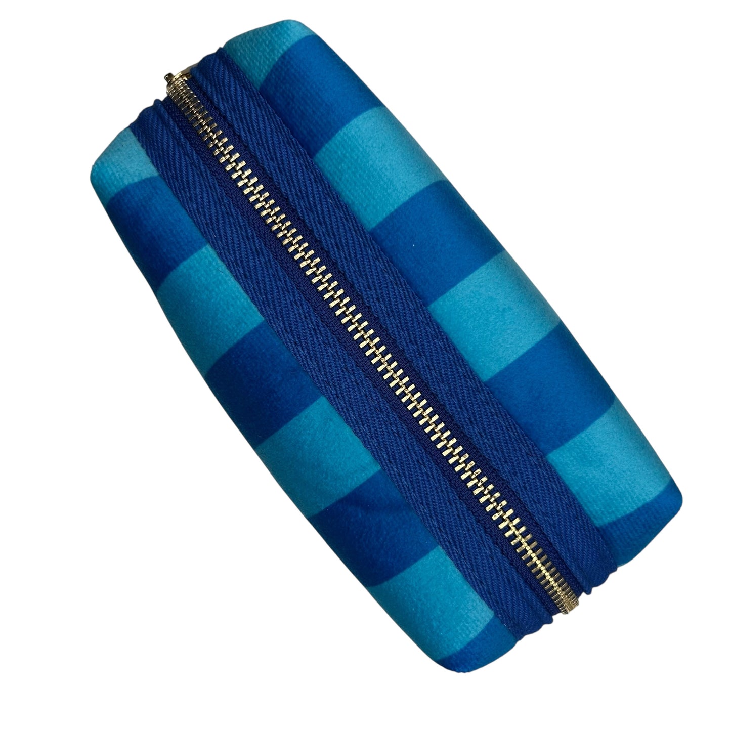 Large blue stripe makeup bag with Palm Tree brooch