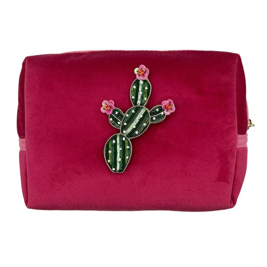 Bright pink make-up bag & cactus pin - recycled velvet