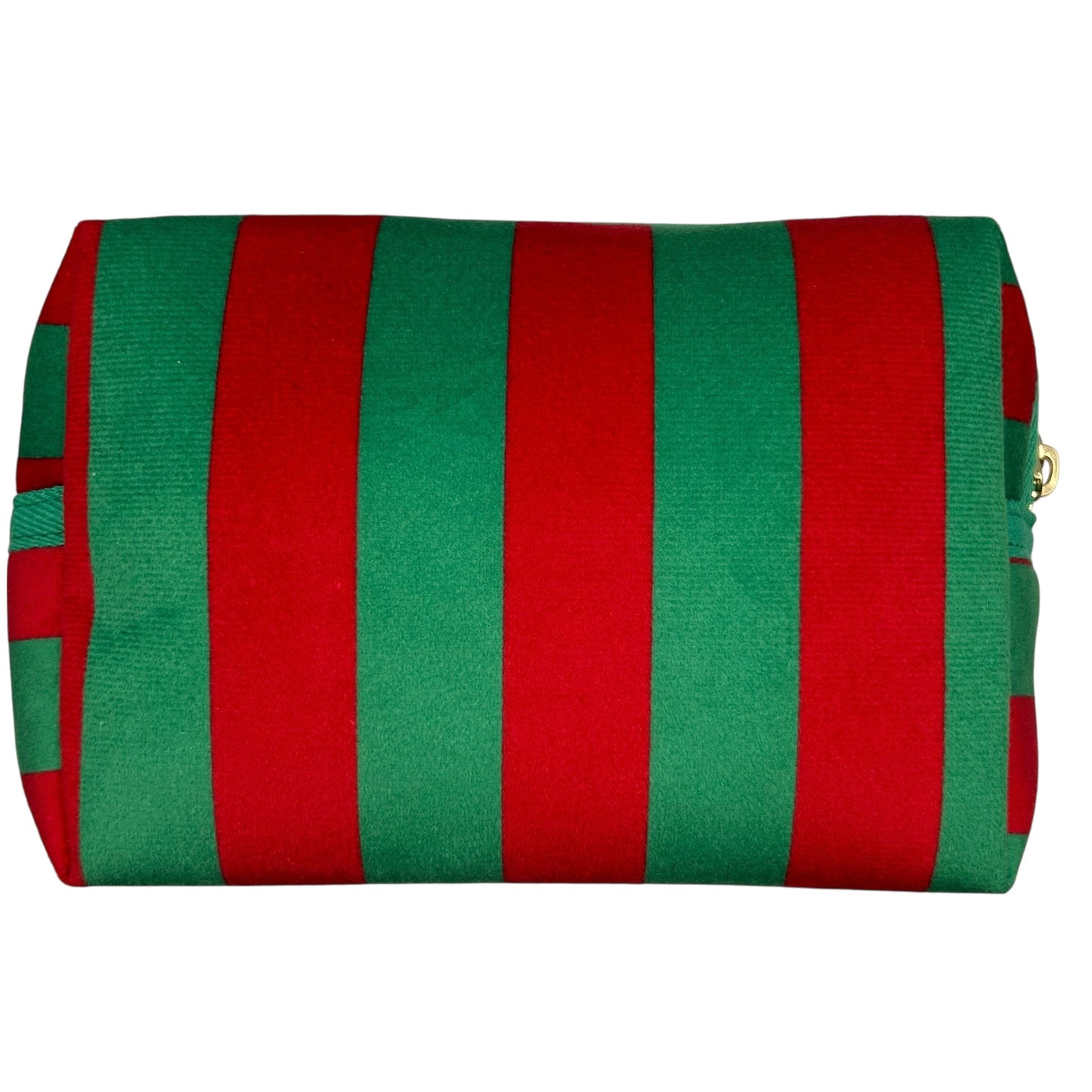 Large green stripe makeup bag with Leopard brooch