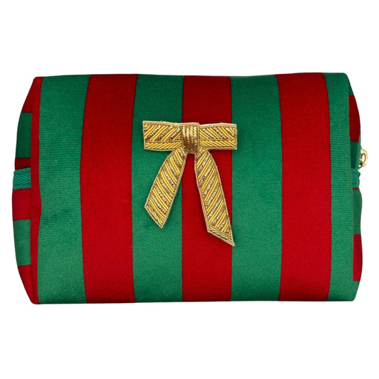 Large green stripe makeup bag with Bow brooch