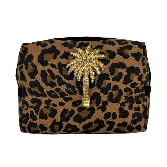 Leopard print make-up bag, large and small, with a palm tree brooch
