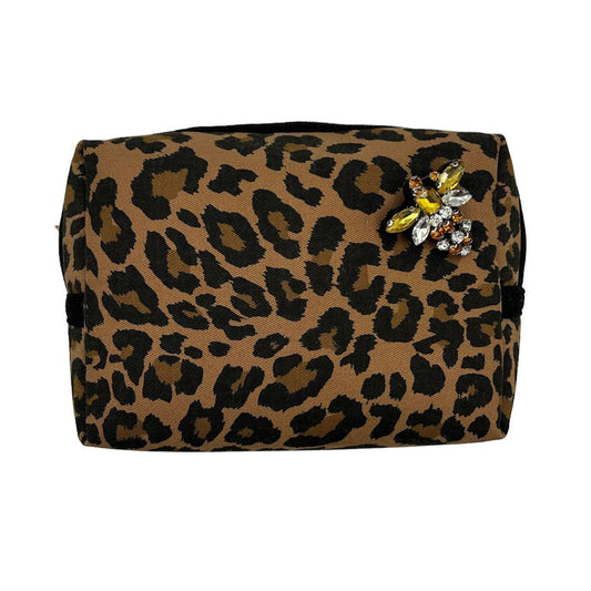 Leopard print make-up bag, large and small, with queen bee brooch