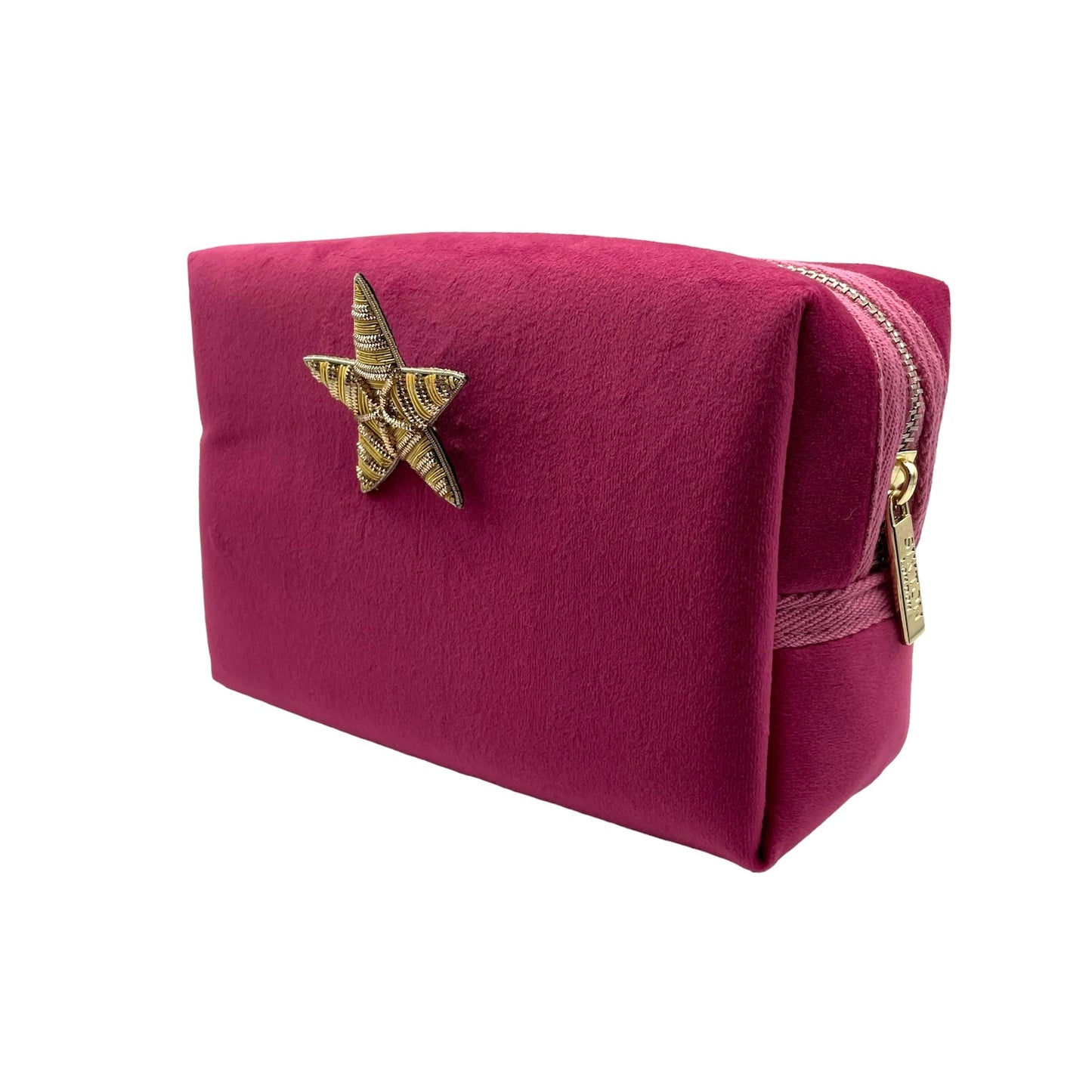 Bright pink make-up bag and a gold star pin - recycled velvet