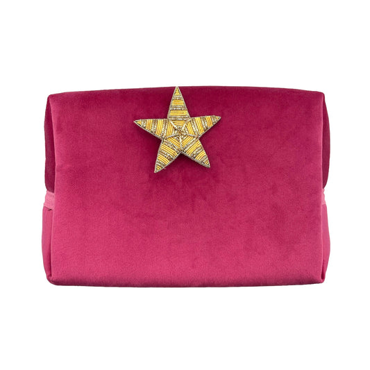 Bright pink make-up bag and a gold star pin - recycled velvet