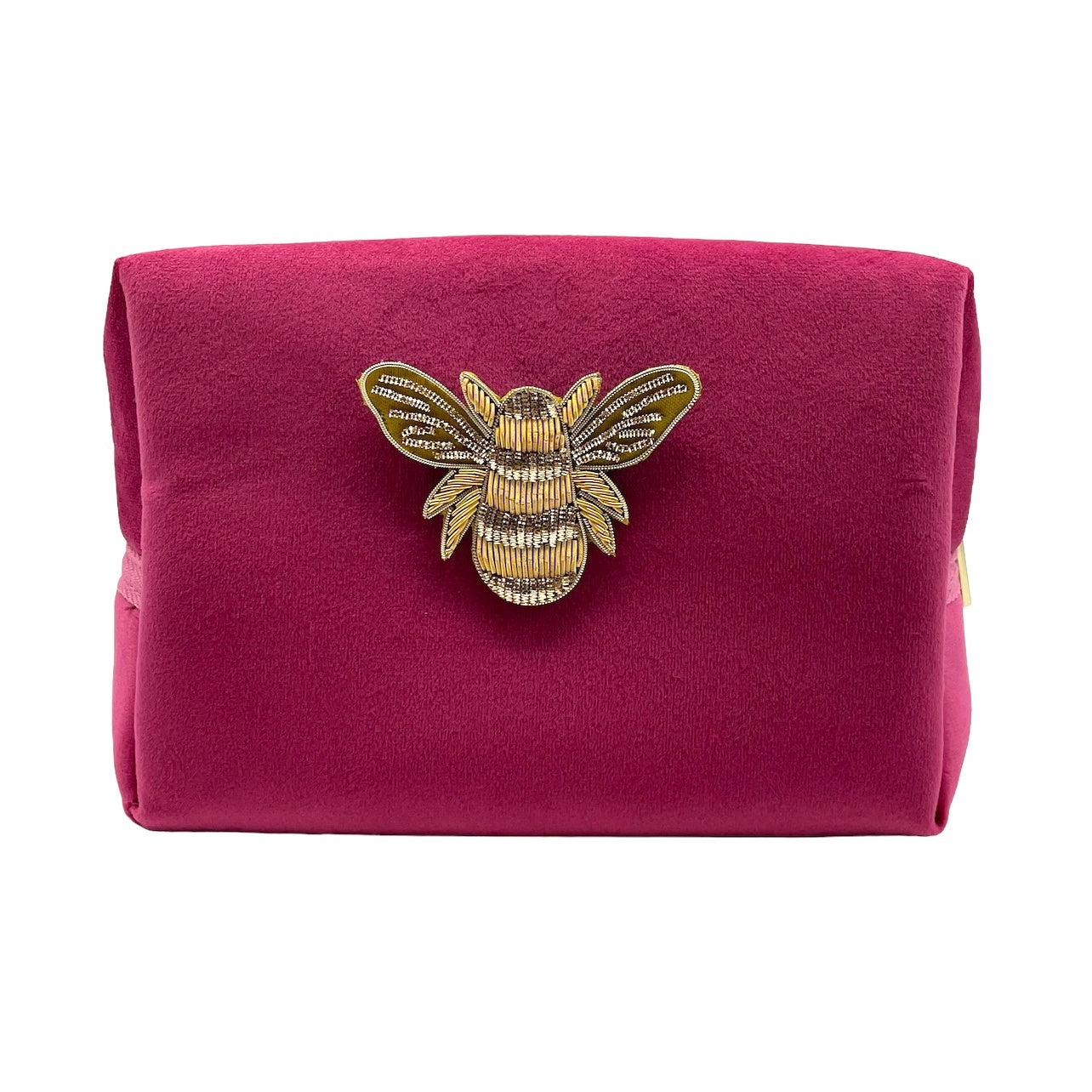 Bright pink make-up bag and a gold bee pin - recycled velvet