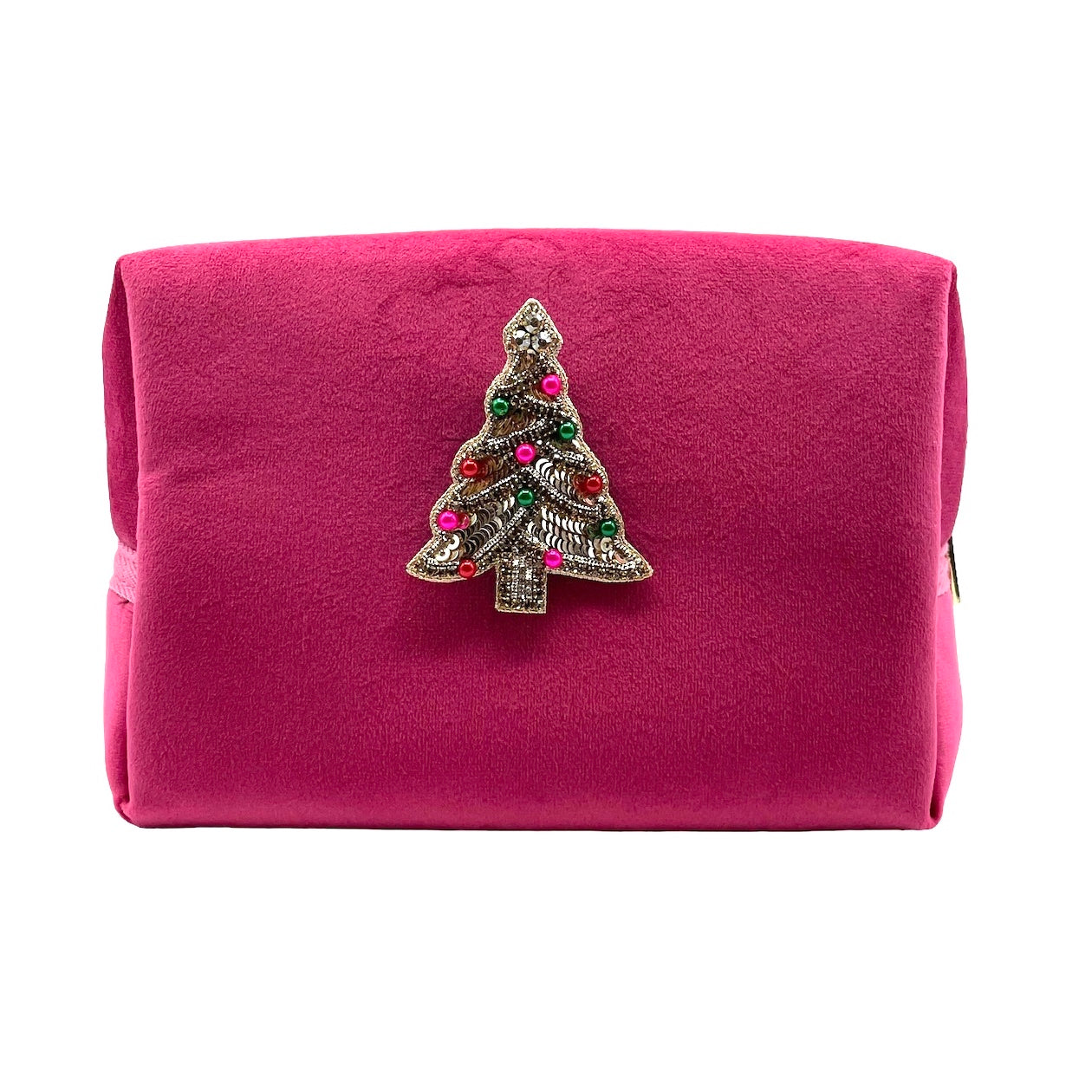 Bright pink make-up bag and a kitsch tree pin - recycled velvet