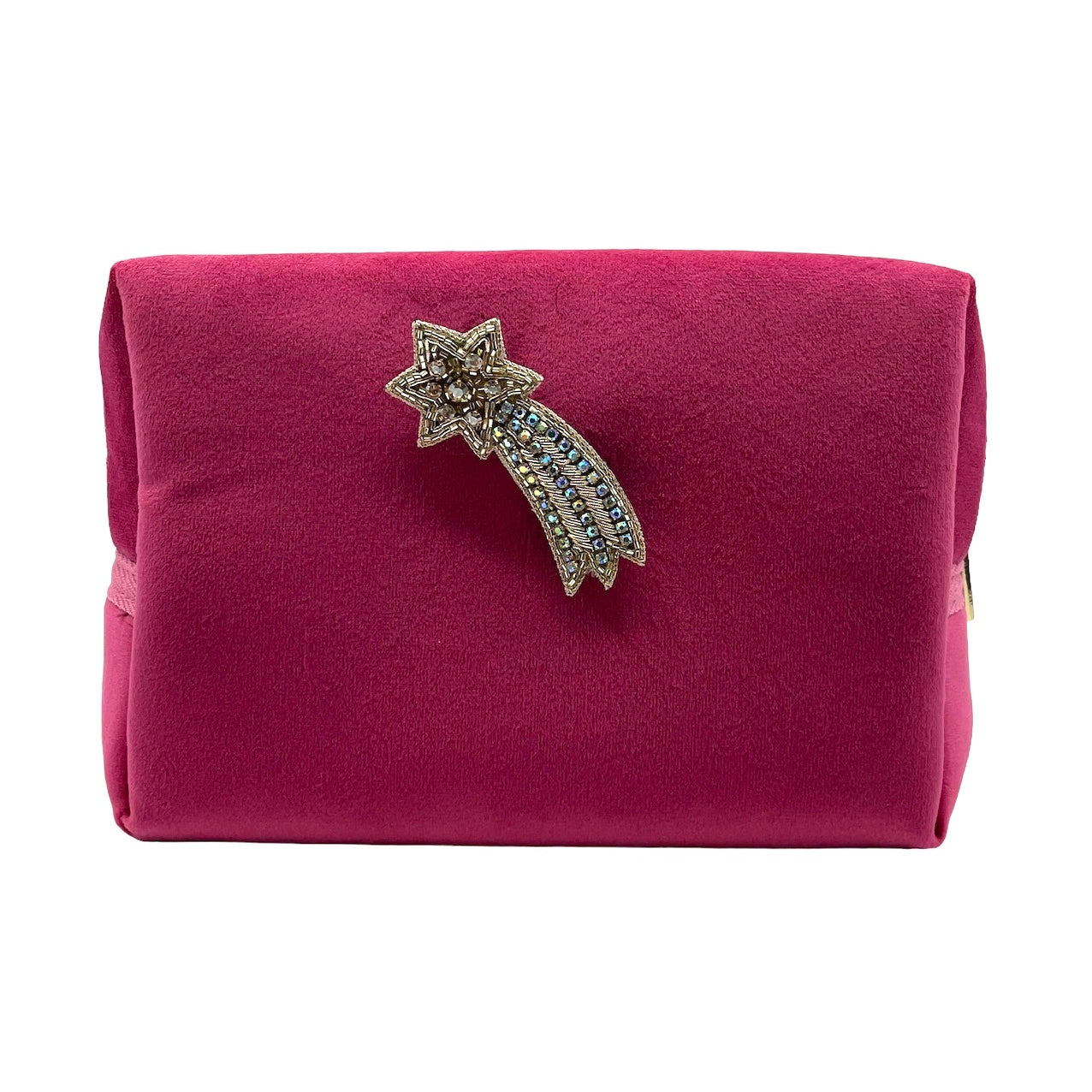 Bright pink make-up bag and a shooting star pin - recycled velvet
