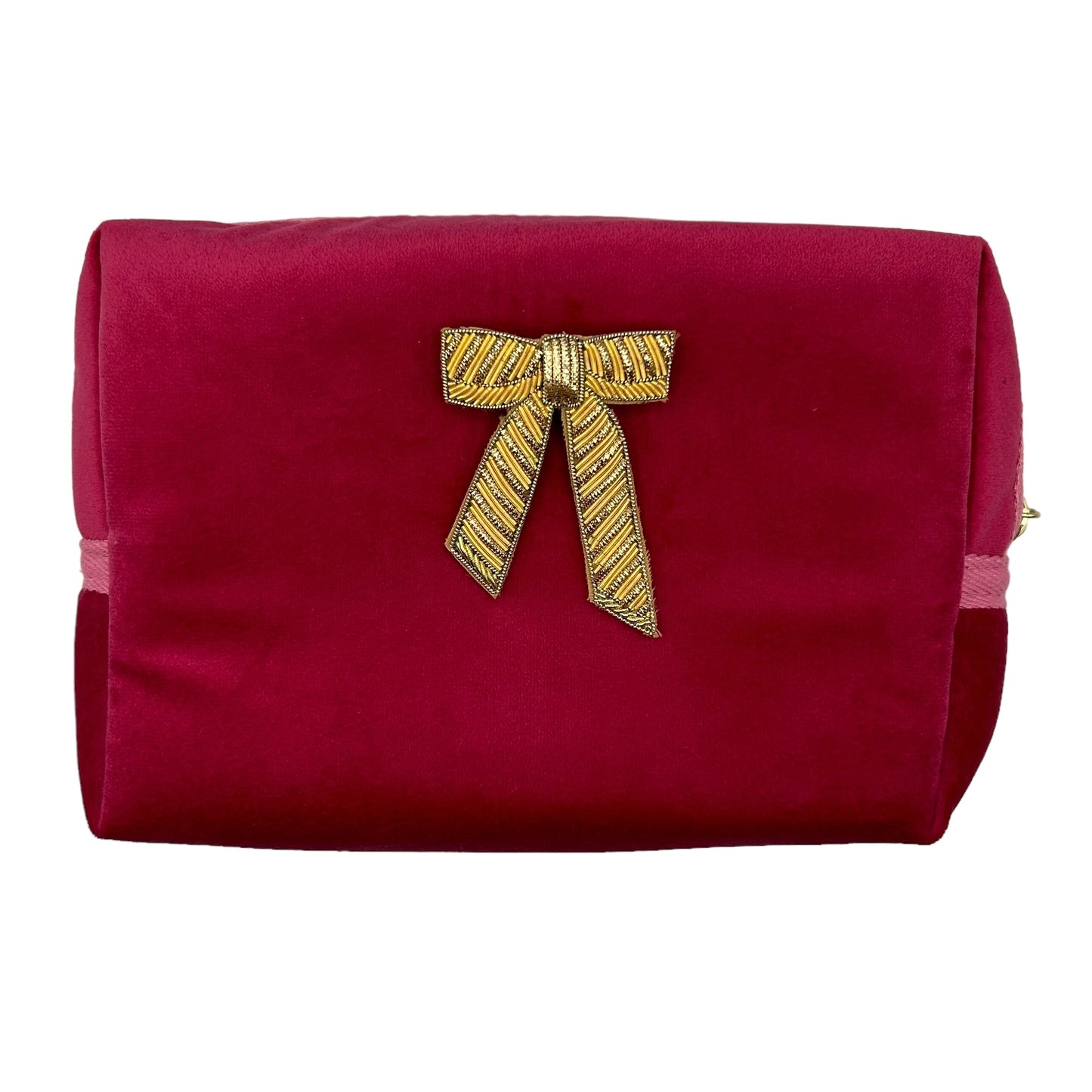 Bright pink make-up bag & bow brooch - recycled velvet