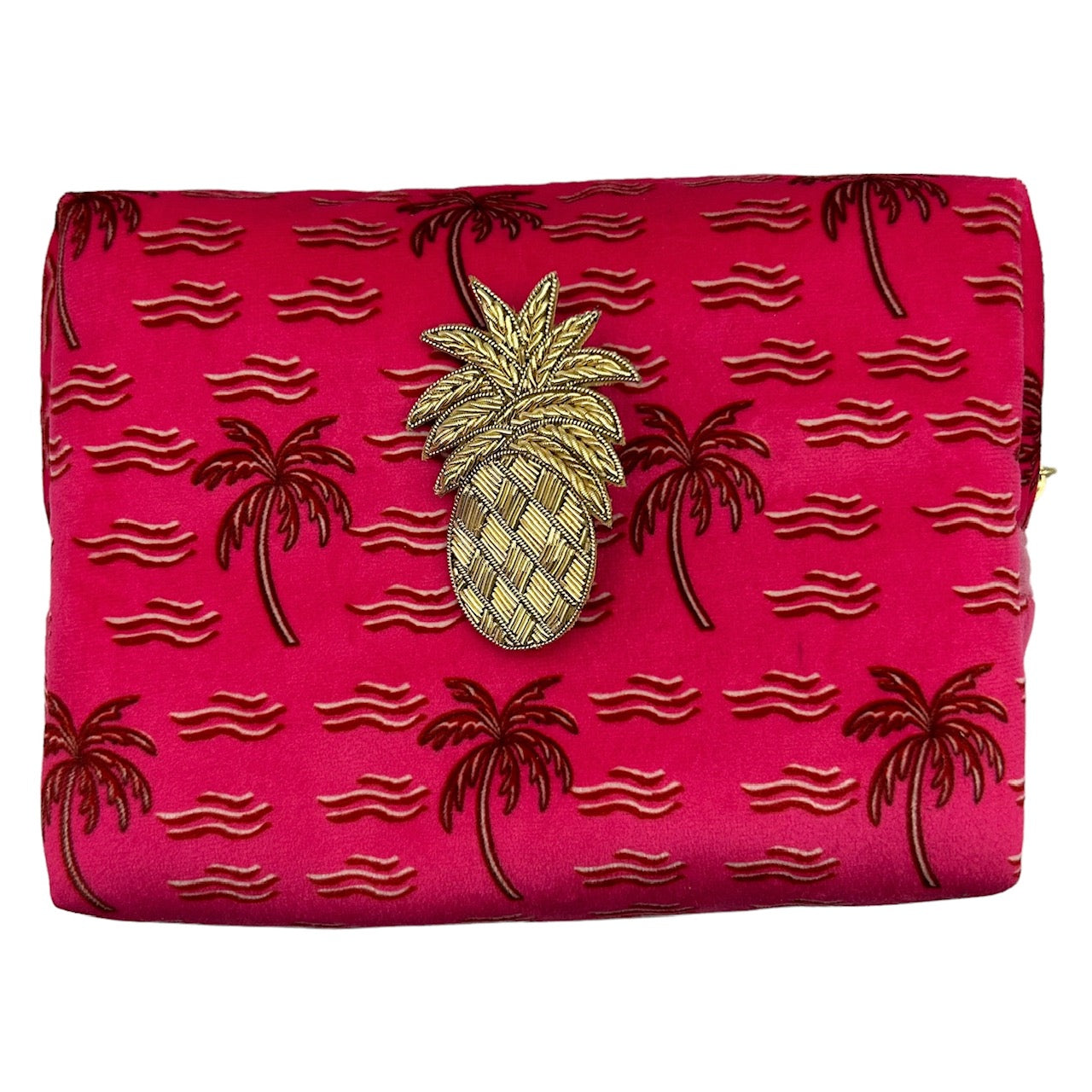 Pink palm large make-up bag & pineapple  brooch - recycled velvet, large and small
