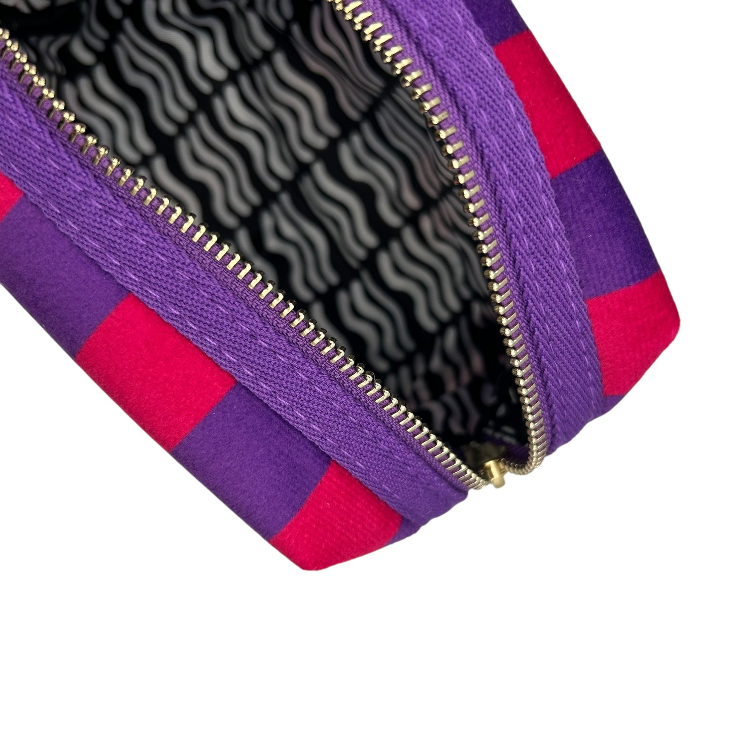 Large purple stripe makeup bag with Palm Tree brooch