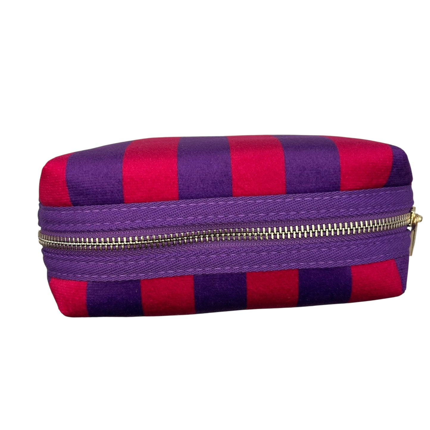 Large purple stripe makeup bag with Palm Tree brooch