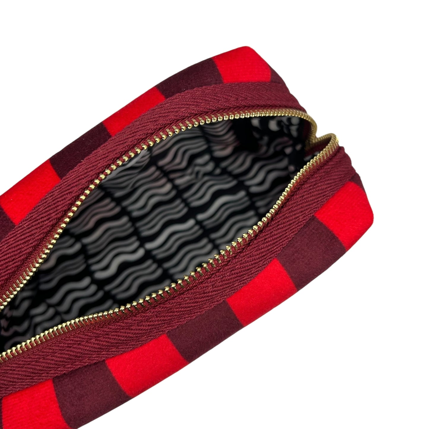 Large red stripe makeup bag with Leopard brooch