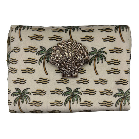 Sand palm make-up bag & gold shell brooch - recycled velvet, large and small