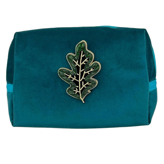 Teal make-up bag & leaf pin - recycled velvet