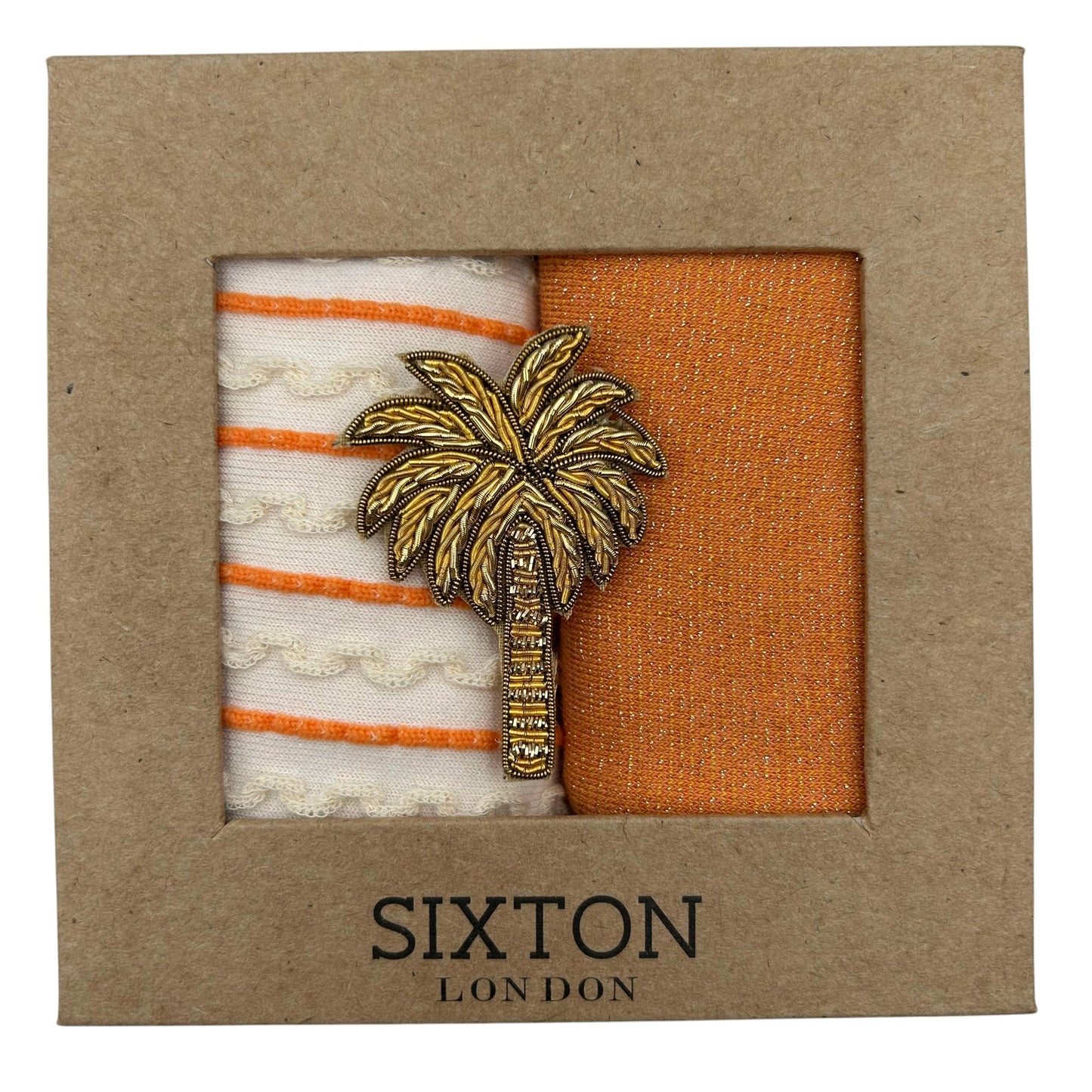 Lyon & Tokyo Cantaloupe sock box duo with embroidered brooch