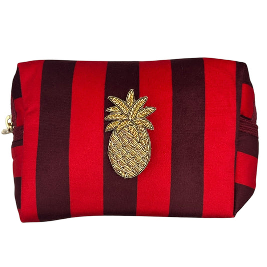 Red stripe makeup bag with detachable brooch