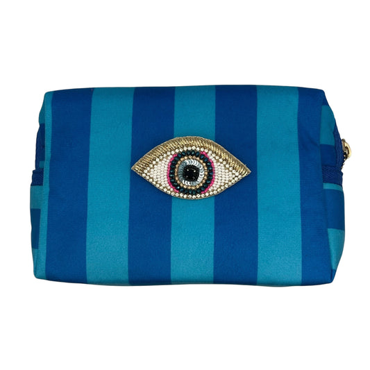 Large blue stripe makeup bag with Golden Eye brooch