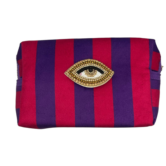 Large purple stripe makeup bag with Gold Sparkle Eye brooch