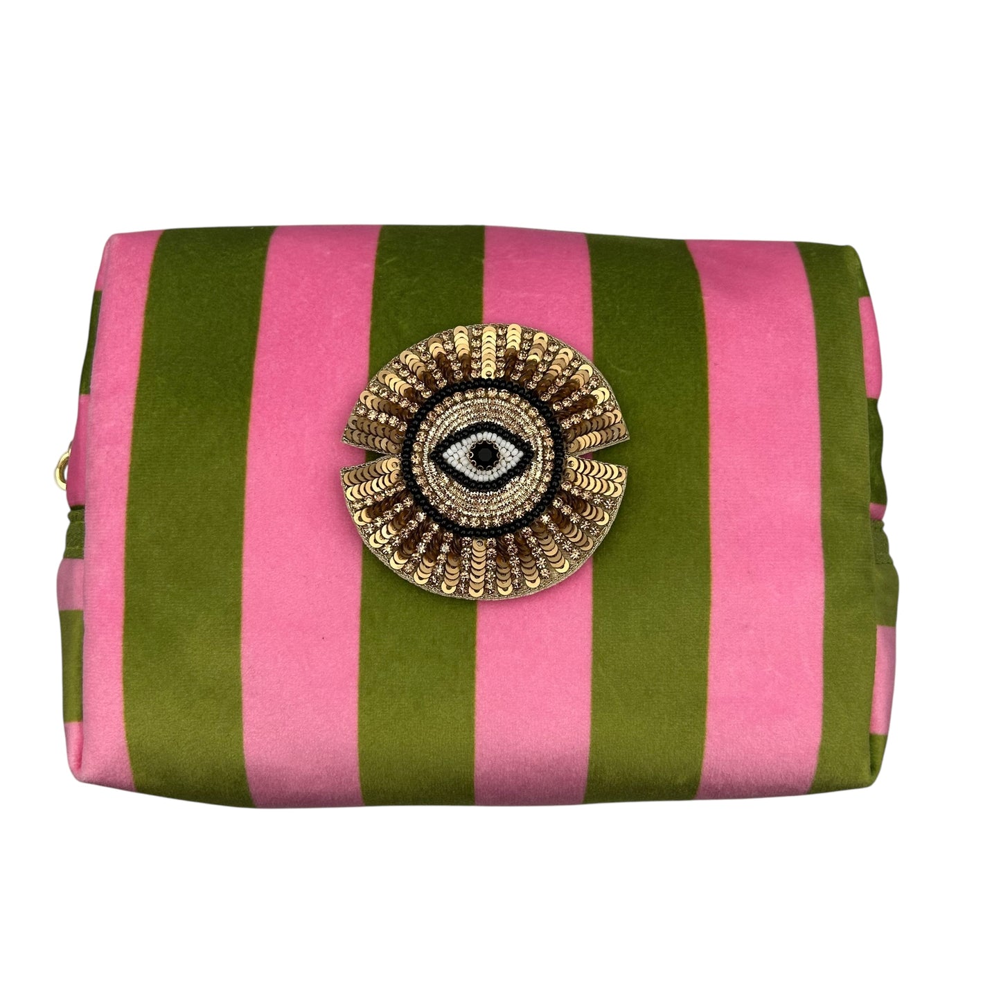 Chartreuse stripe make-up bag with Sunray Eye pin