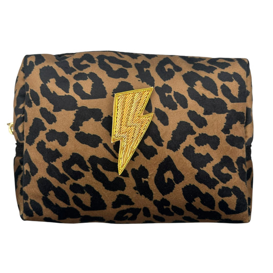 Leopard print makeup bag with Lightning Bolt brooch (two sizes)