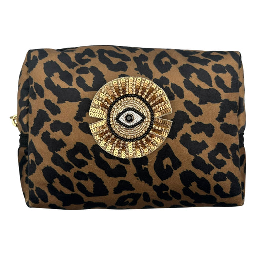 Leopard print makeup bag with Sunray Eye brooch (two sizes)