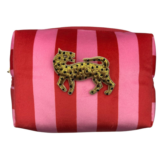 Pink stripe makeup bag with Leopard brooch (two sizes)