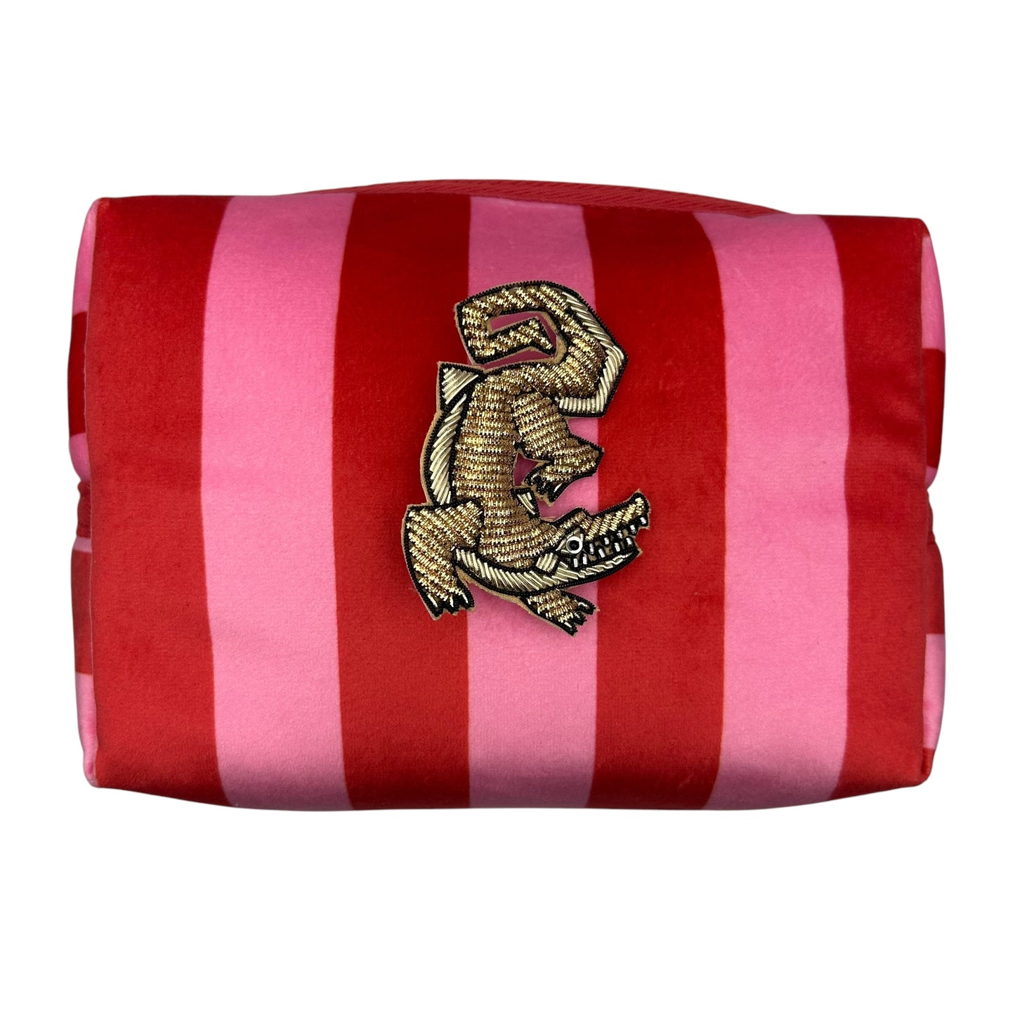 Pink stripe makeup bag with Crocodile brooch (two sizes)