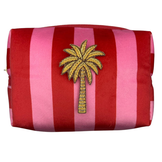 Pink stripe makeup bag with Palm Tree brooch (two sizes)