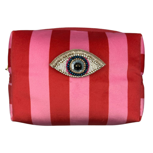 Pink stripe makeup bag with Golden Eye brooch (two sizes)