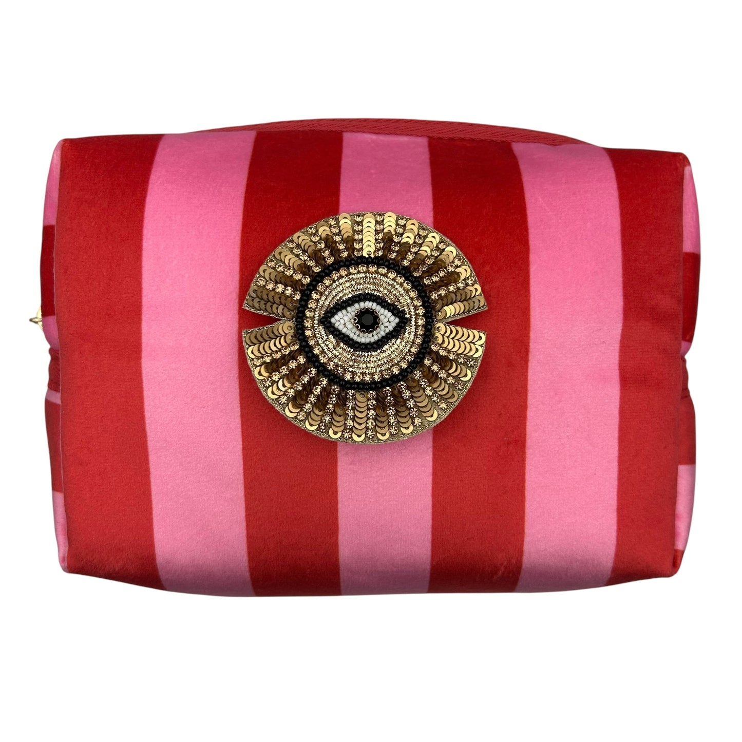 Pink stripe makeup bag with Sunray Eye brooch (two sizes)