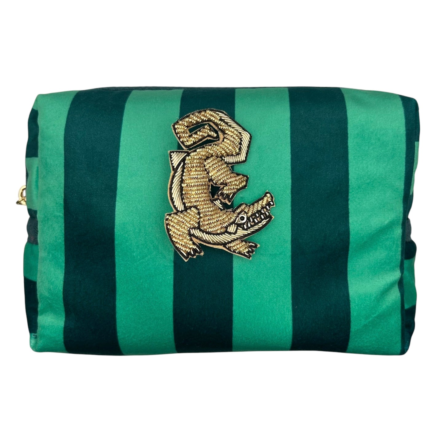 Teal stripe makeup bag with Crocodile brooch (two sizes)