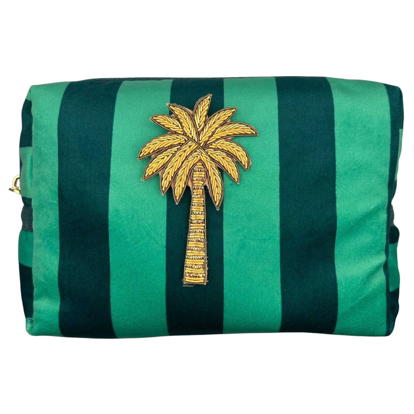 Teal stripe makeup bag with Palm Tree brooch (two sizes)