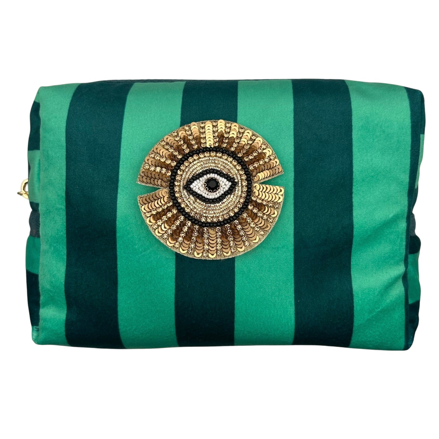 Teal stripe makeup bag with Sunray Eye brooch (two sizes)