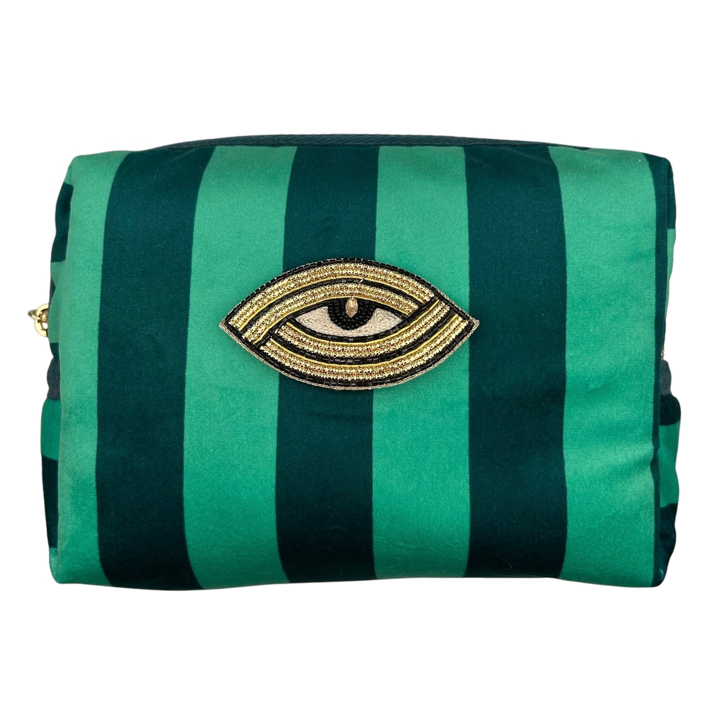 Teal stripe makeup bag with Linear Eye brooch (two sizes)