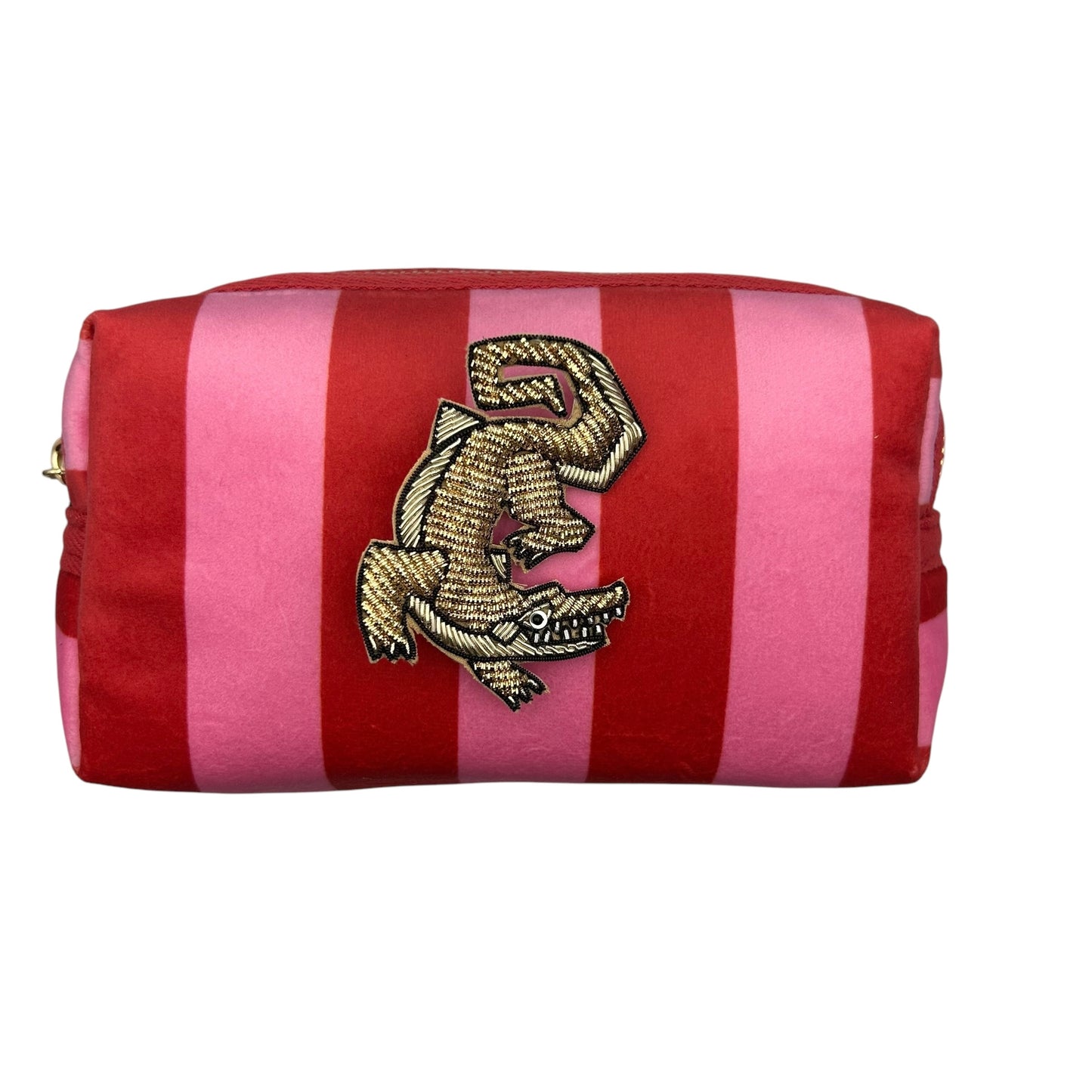 Pink stripe makeup bag with Crocodile brooch (two sizes)