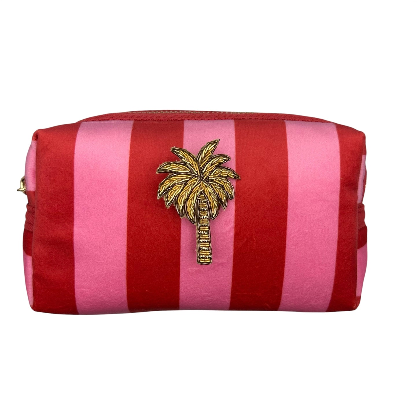 Pink stripe makeup bag with Palm Tree brooch (two sizes)