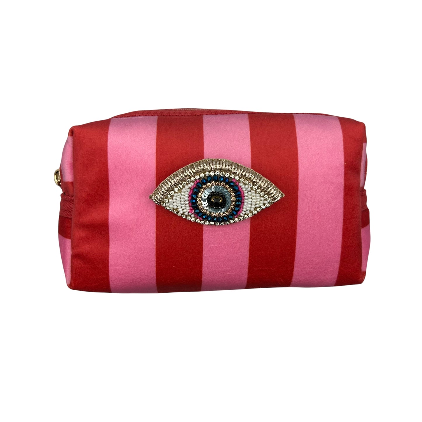 Pink stripe makeup bag with Golden Eye brooch (two sizes)