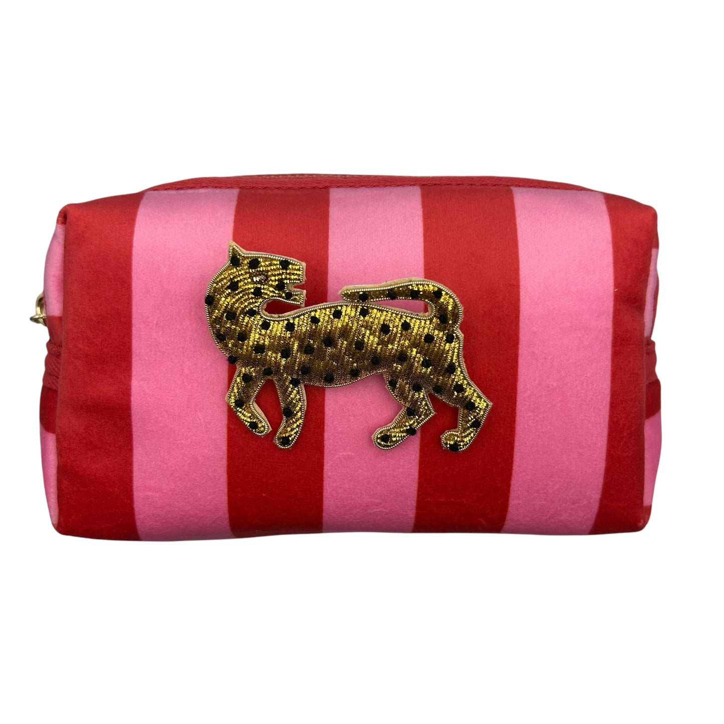 Pink stripe makeup bag with Leopard brooch (two sizes)