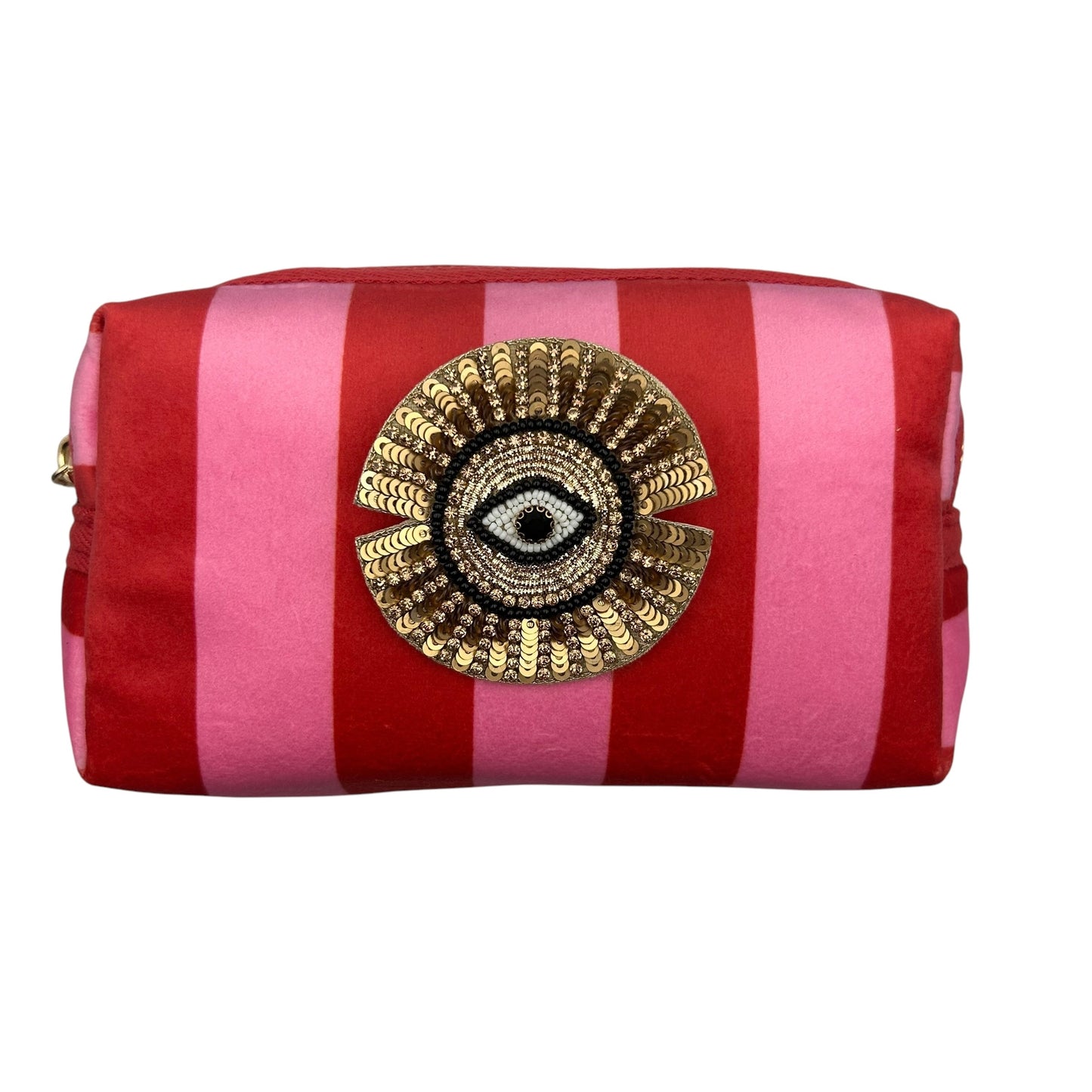 Pink stripe makeup bag with Sunray Eye brooch (two sizes)