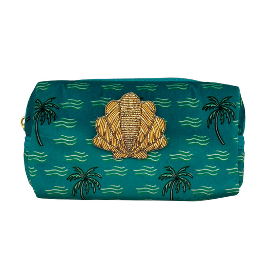 Teal palm tree makeup bag - recycled velvet - with a shell brooch