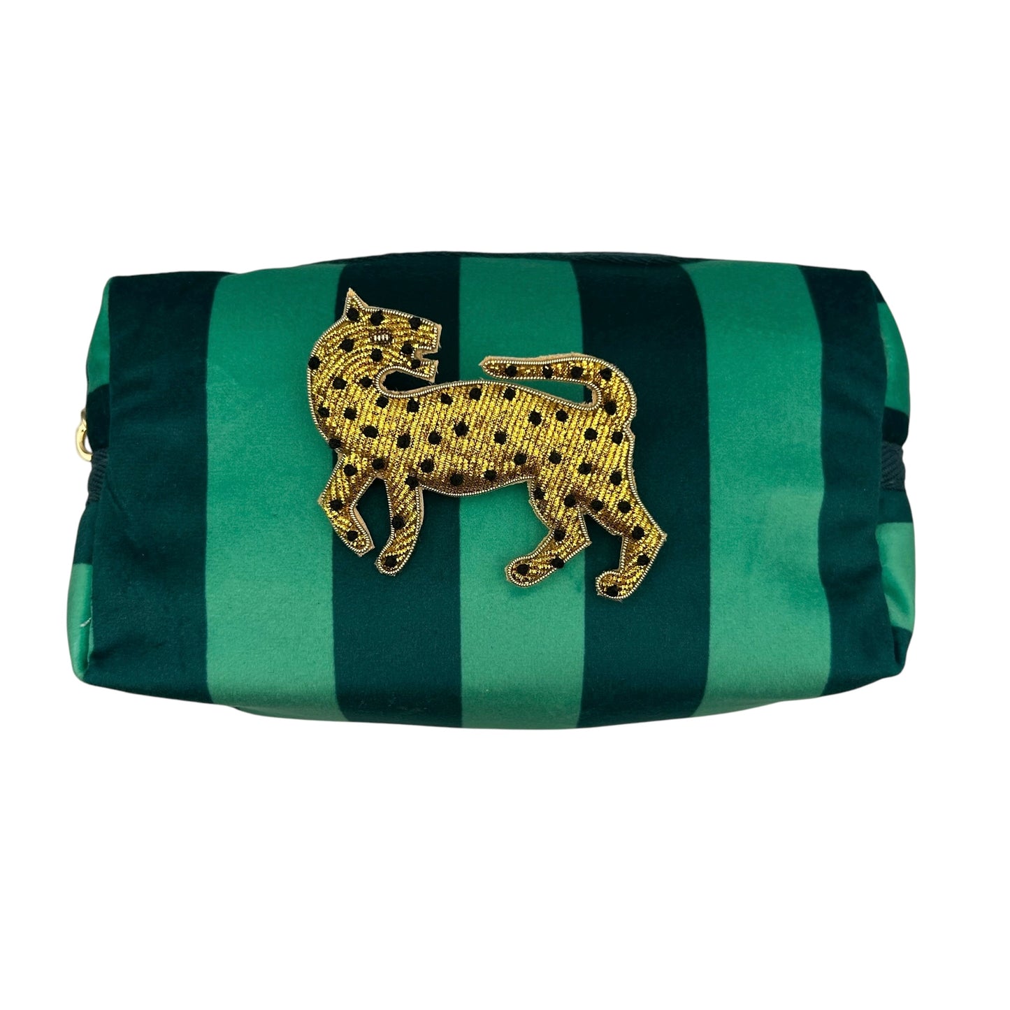 Teal stripe makeup bag with Leopard brooch (two sizes)