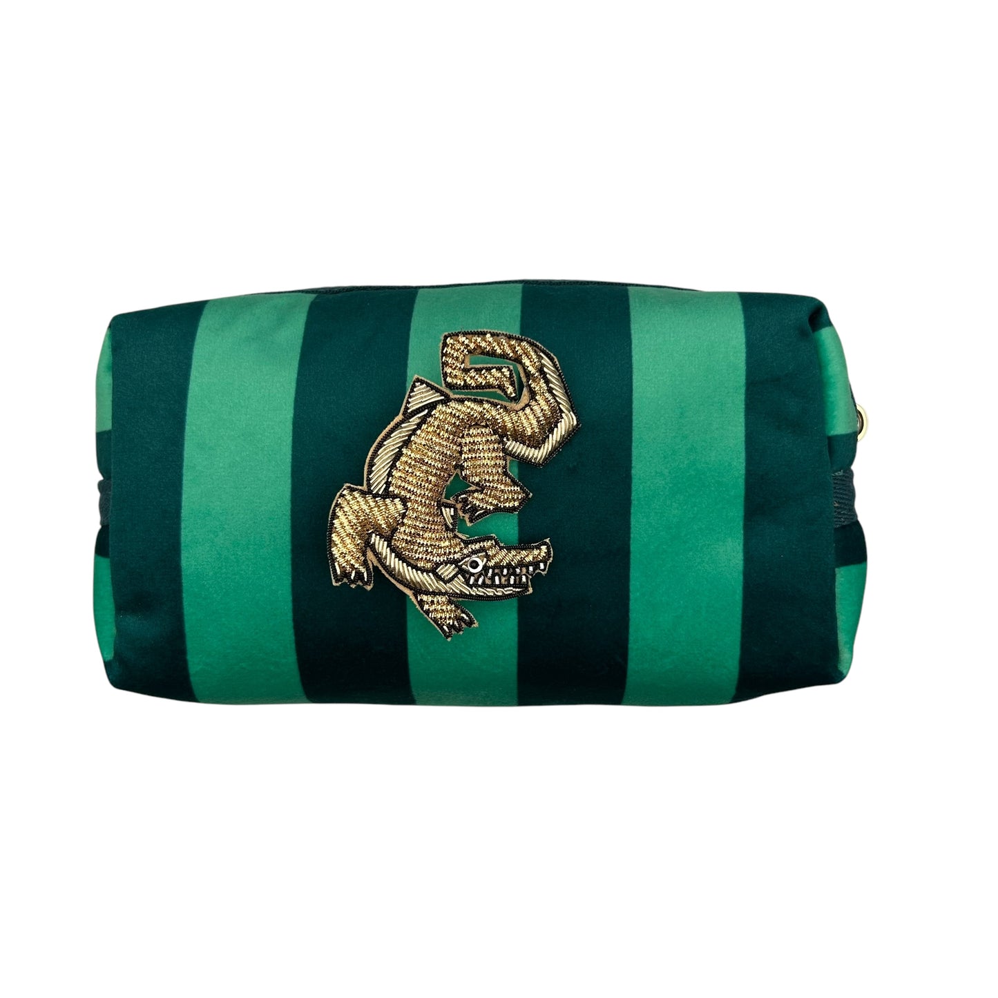 Teal stripe makeup bag with Crocodile brooch (two sizes)